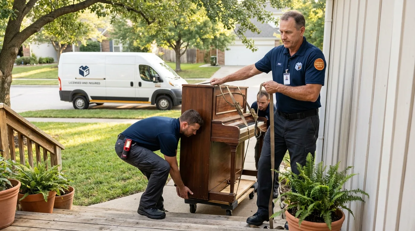 Licensed piano movers securing grand piano in Medford, MA