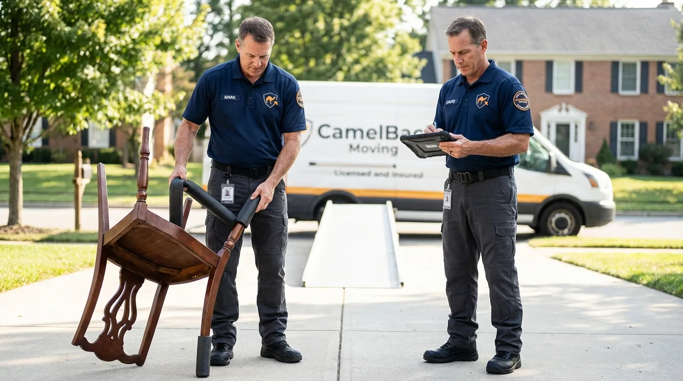 Movers inspecting furniture for damage prevention before loading in Medford, MA