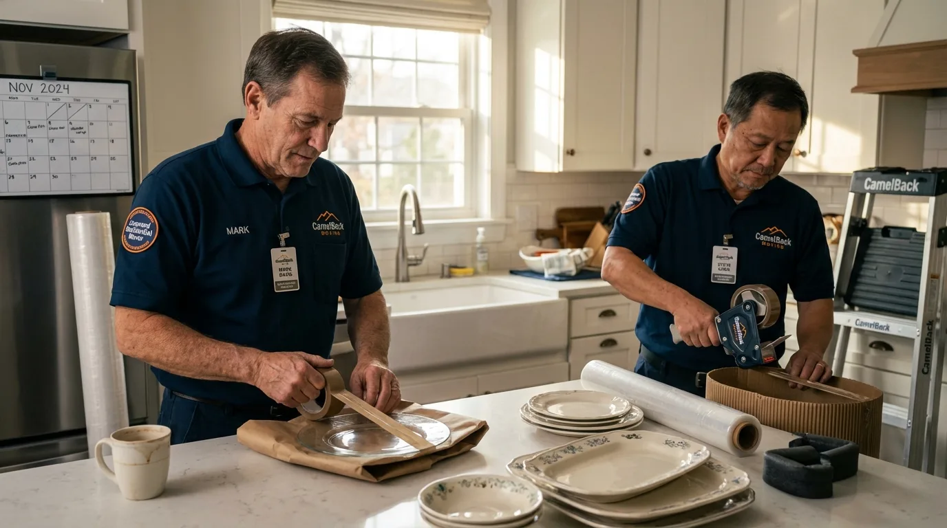 Professional crew packing kitchen dishware in Medford, MA